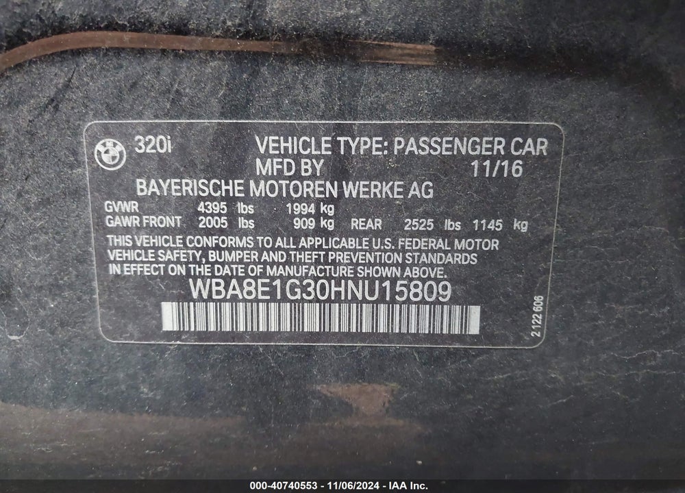 2017 BMW 320I VIN: WBA8E1G30HNU15809