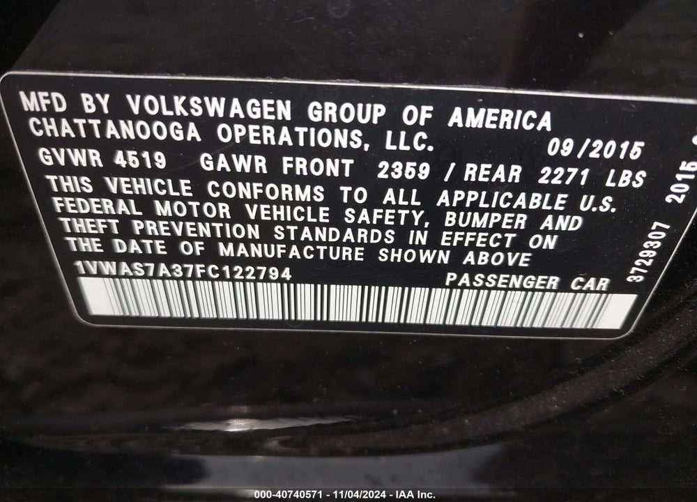 2015 VOLKSWAGEN PASSAT S VIN: 1VWAS7A37FC122794