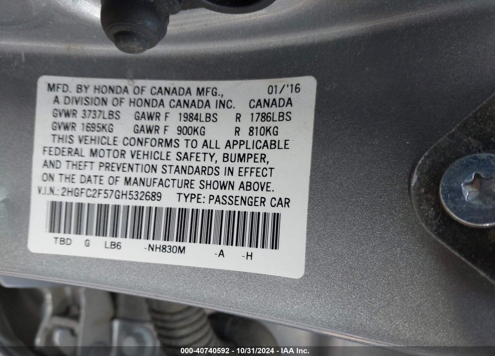 2016 HONDA CIVIC LX VIN: 2HGFC2F57GH532689