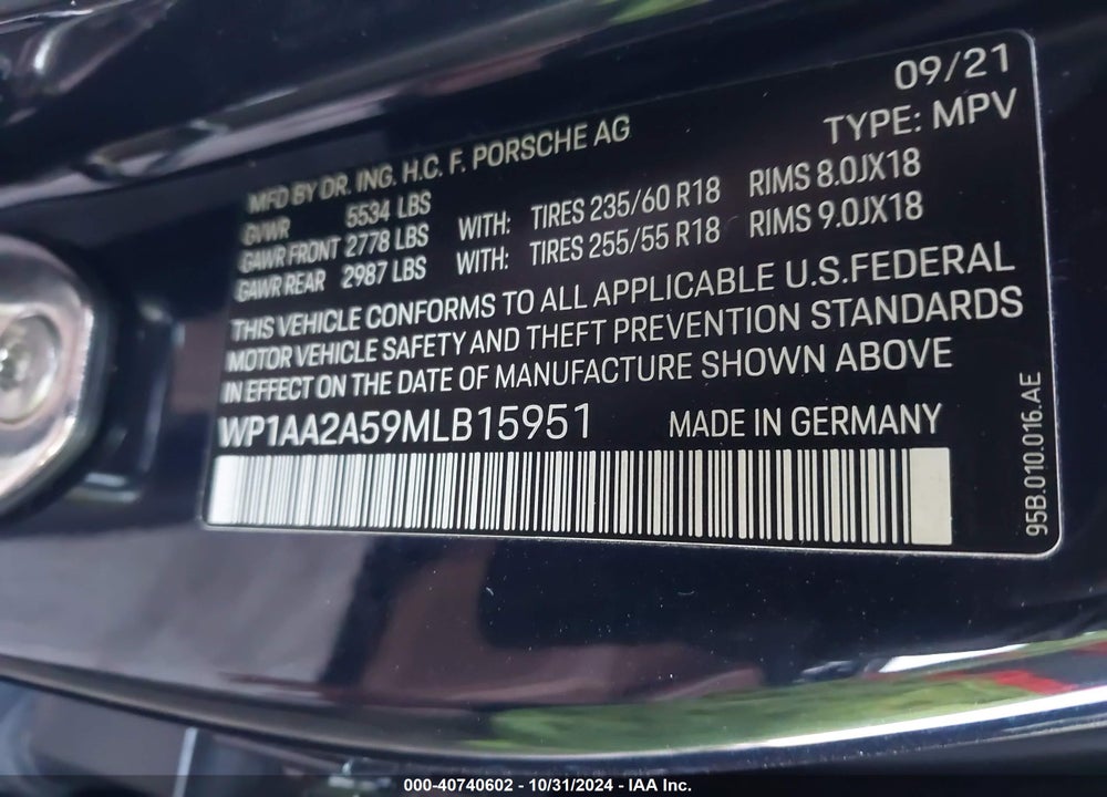 2021 PORSCHE MACAN VIN: WP1AA2A59MLB15951