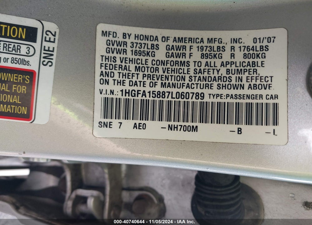 2007 HONDA CIVIC EX VIN: 1HGFA15887L060789
