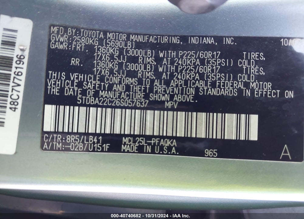 2006 TOYOTA SIENNA XLE LIMITED VIN: 5TDBA22C26S057637