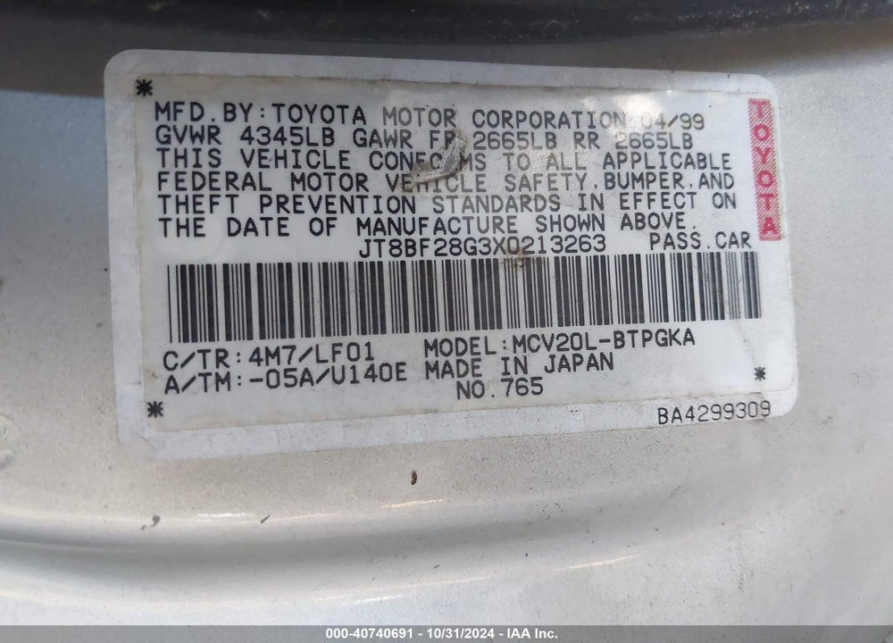 1999 LEXUS ES 300 VIN: JT8BF28G3X0213263