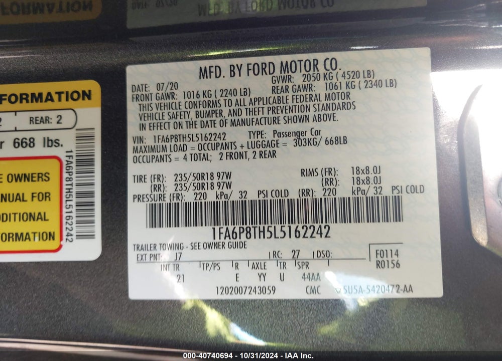 2020 FORD MUSTANG ECOBOOST VIN: 1FA6P8TH5L5162242