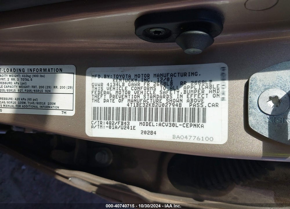 2002 TOYOTA CAMRY LE VIN: 4T1BE32K82U027948
