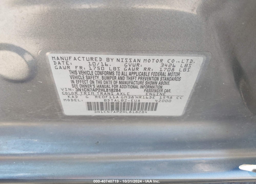 2017 NISSAN VERSA 1.6 S/1.6 S+/1.6 SL/1.6 SV VIN: 3N1CN7AP2HL818284