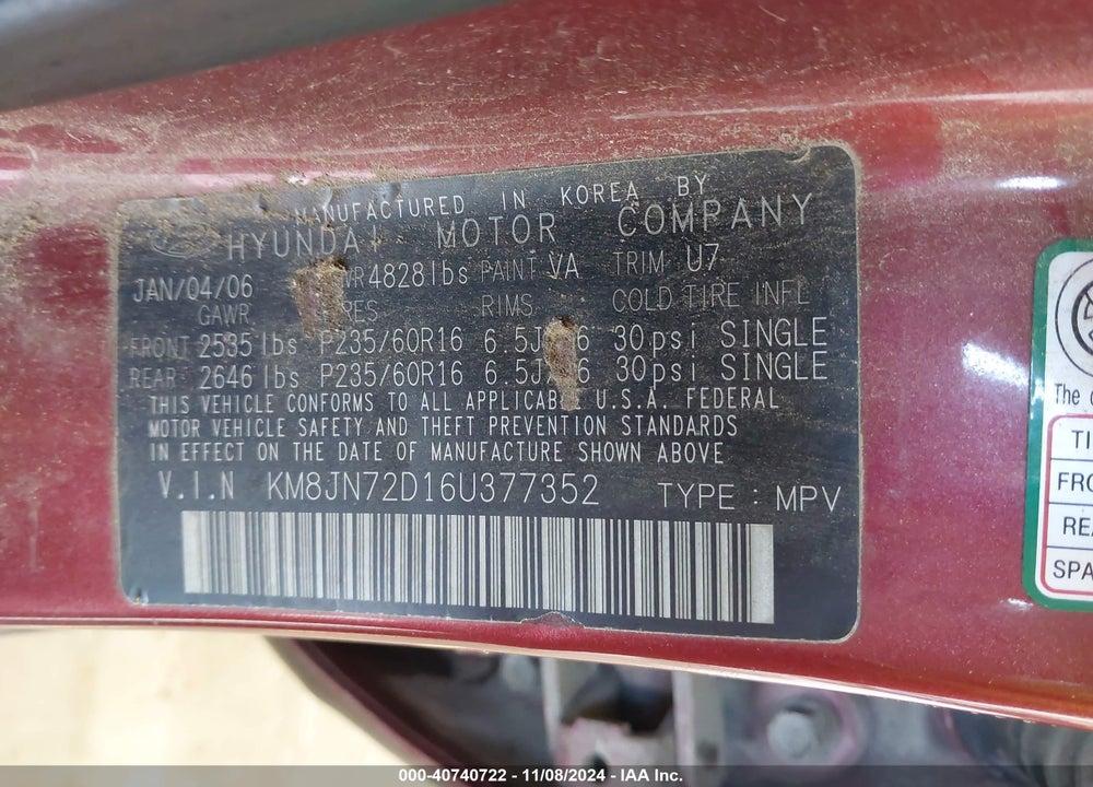 2006 HYUNDAI TUCSON GLS/LIMITED VIN: KM8JN72D16U377352