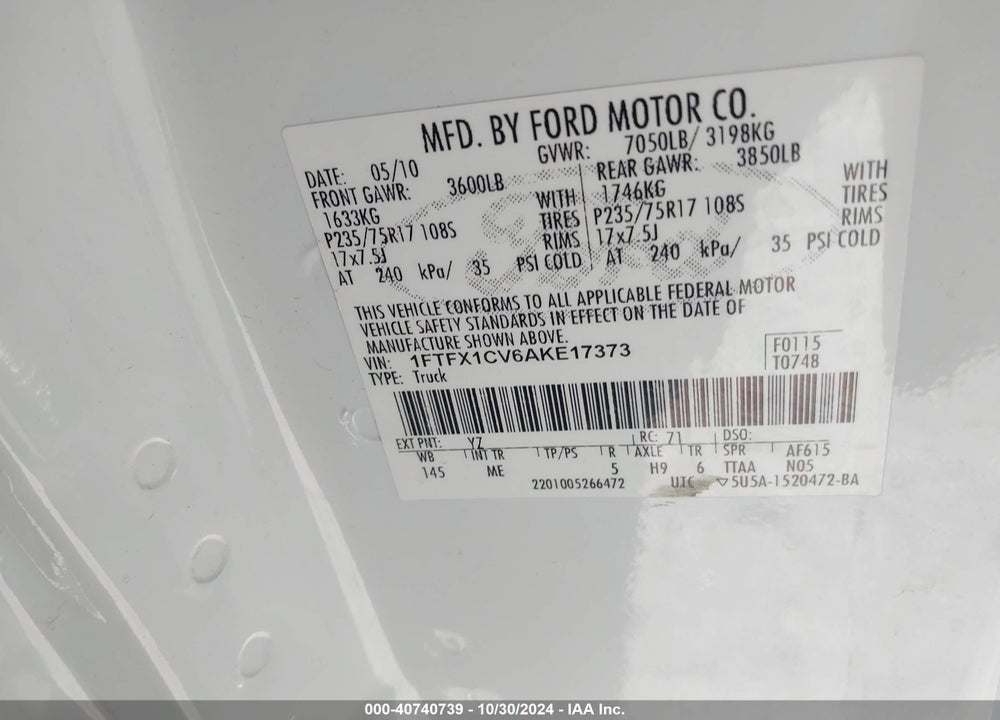2010 FORD F-150 FX2 SPORT/LARIAT/XL/XLT VIN: 1FTFX1CV6AKE17373