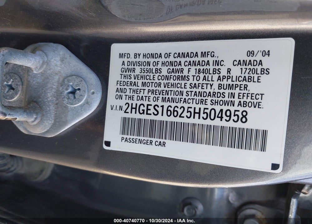 2005 HONDA CIVIC LX VIN: 2HGES16625H504958