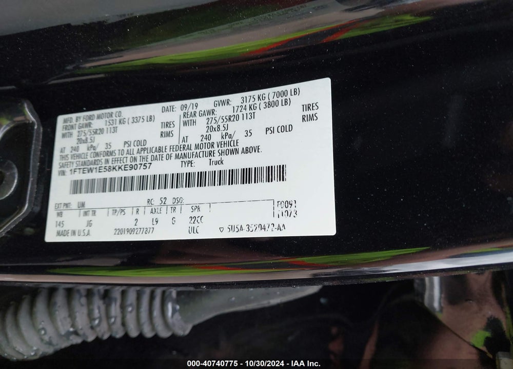 2019 FORD F-150 XL VIN: 1FTEW1E58KKE90757