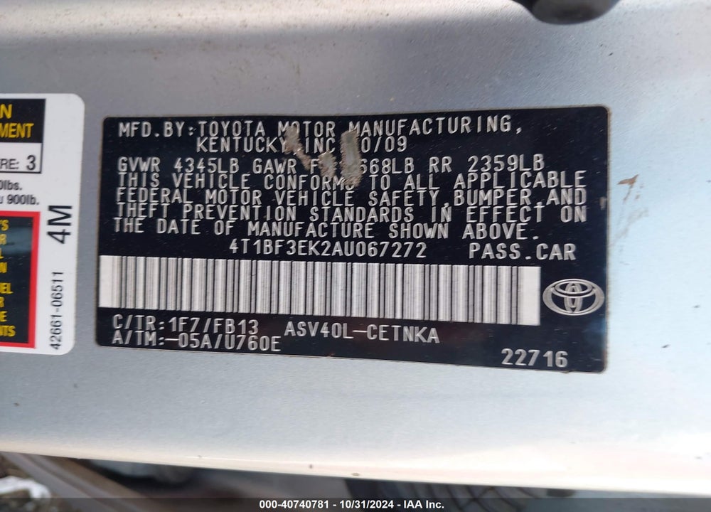 2010 TOYOTA CAMRY LE VIN: 4T1BF3EK2AU067272