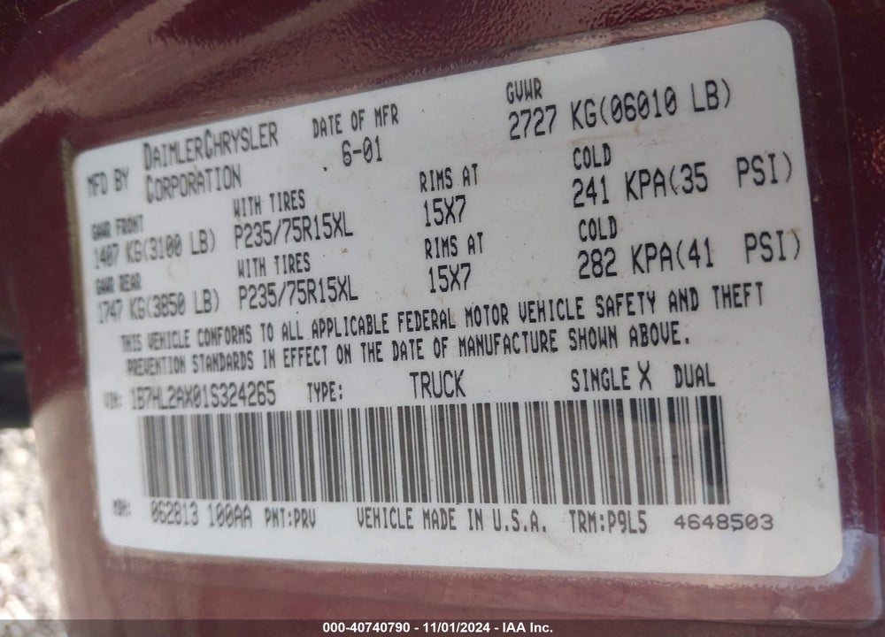 2001 DODGE DAKOTA SLT/SPORT VIN: 1B7HL2AX01S324265