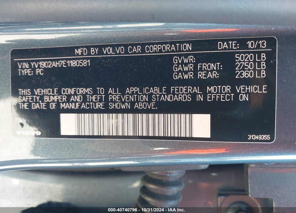 2014 VOLVO S80 VIN: YV1902AH7E1180581