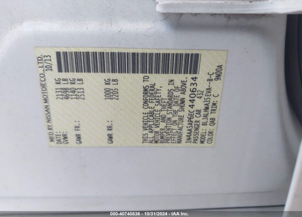 2014 NISSAN MAXIMA 3.5 SV VIN: 1N4AA5AP6EC440634