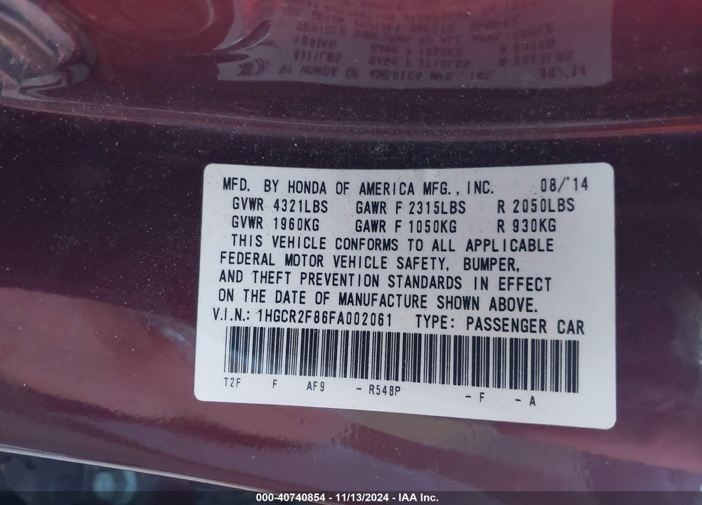 2015 HONDA ACCORD EX-L VIN: 1HGCR2F86FA002061