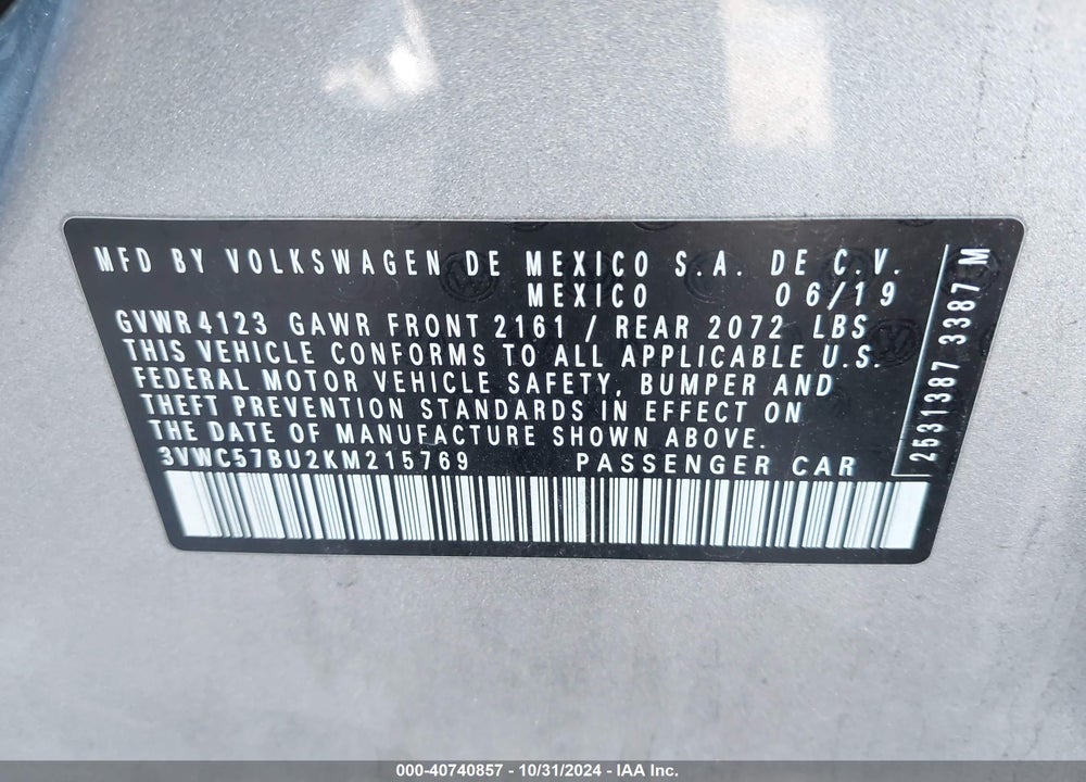 2019 VOLKSWAGEN JETTA VIN: 3VWC57BU2KM215769