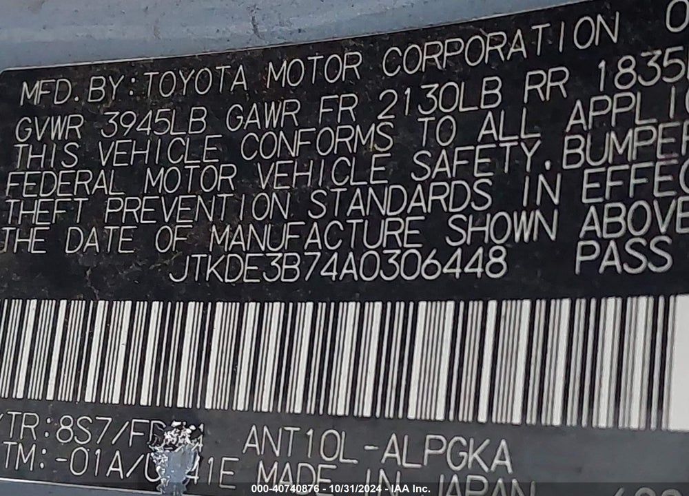 2010 SCION TC VIN: JTKDE3B74A0306448