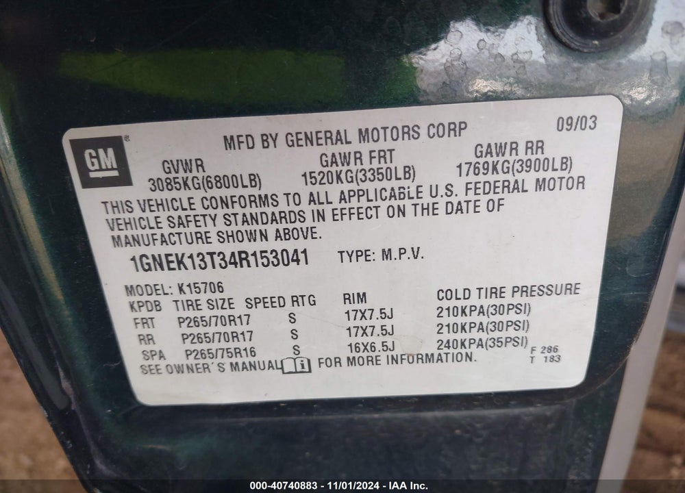 2004 CHEVROLET TAHOE Z71 VIN: 1GNEK13T34R153041