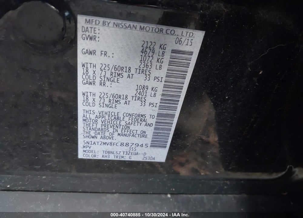 2015 NISSAN ROGUE SL VIN: 5N1AT2MV8FC887945