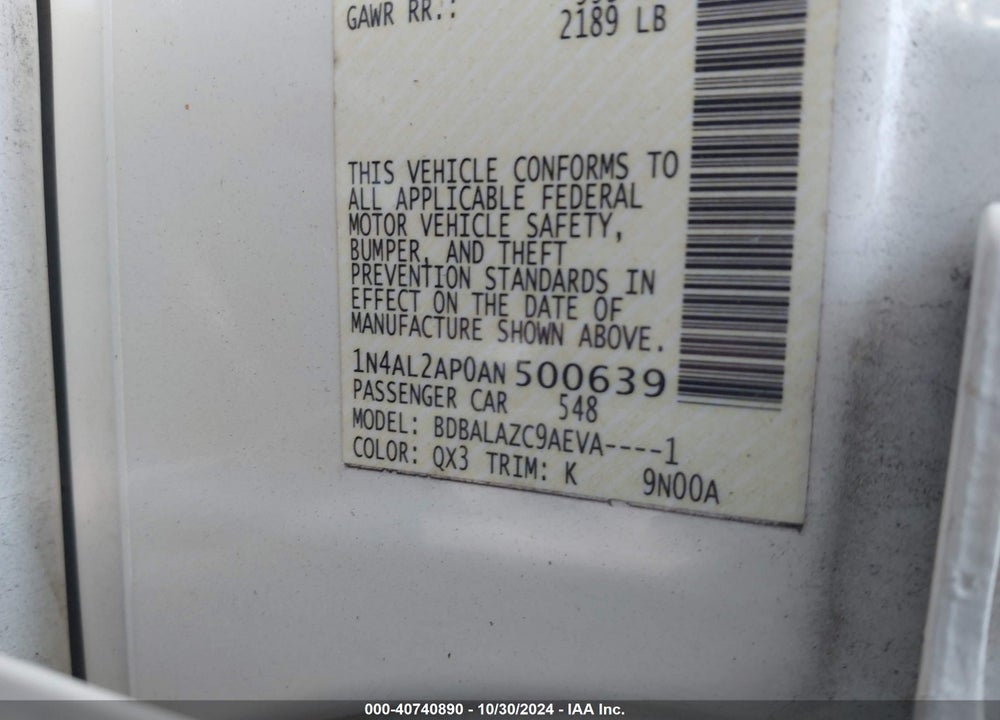 2010 NISSAN ALTIMA 2.5 VIN: 1N4AL2AP0AN500639