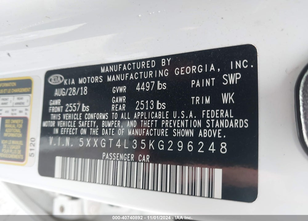 2019 KIA OPTIMA LX VIN: 5XXGT4L35KG296248