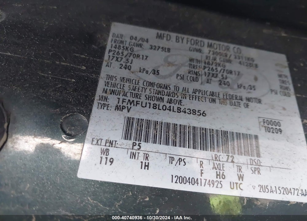 2004 FORD EXPEDITION EDDIE BAUER VIN: 1FMFU18L04LB43856