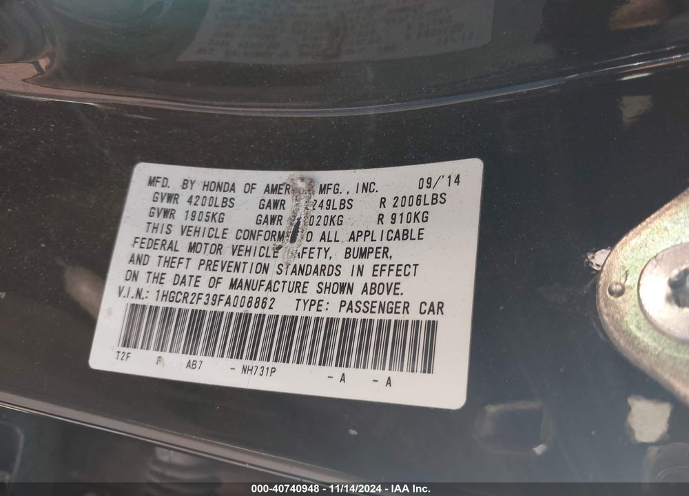 2015 HONDA ACCORD LX VIN: 1HGCR2F39FA008862