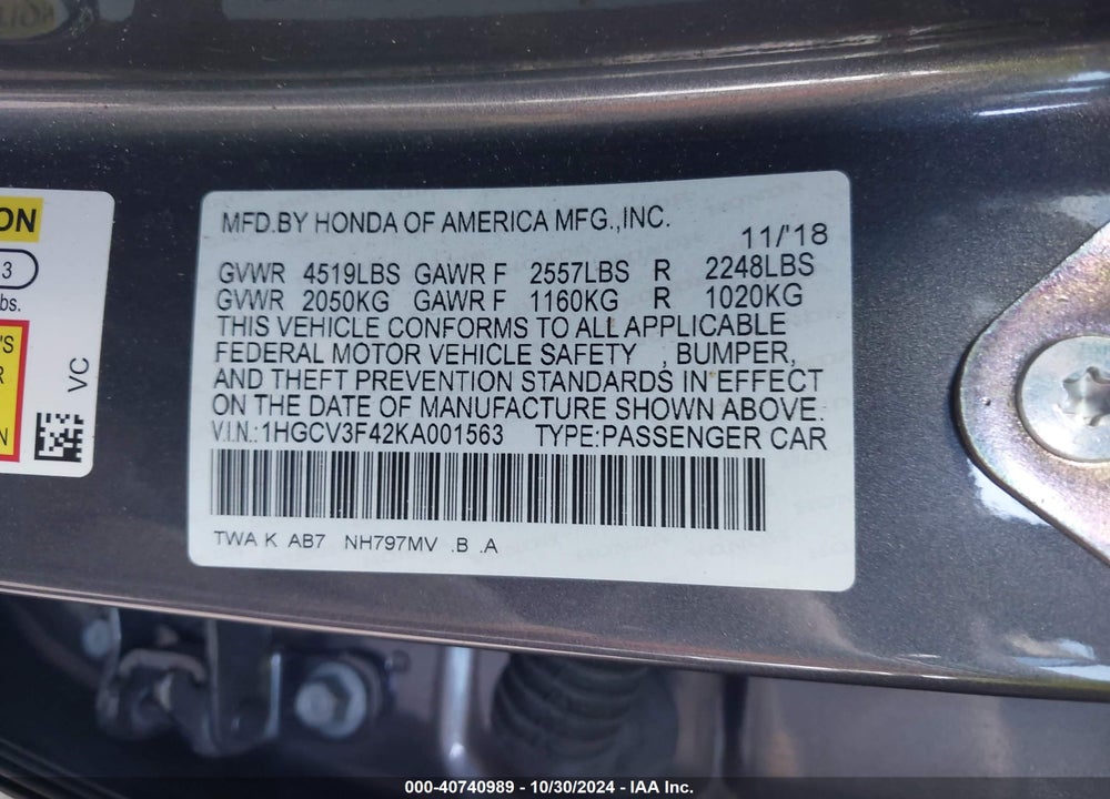 2019 HONDA ACCORD HYBRID EX VIN: 1HGCV3F42KA001563