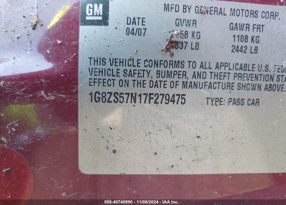 2007 SATURN AURA XE VIN: 1G8ZS57N17F279475
