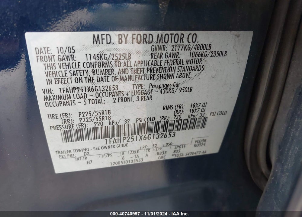 2006 FORD FIVE HUNDRED LIMITED VIN: 1FAHP251X6G132653