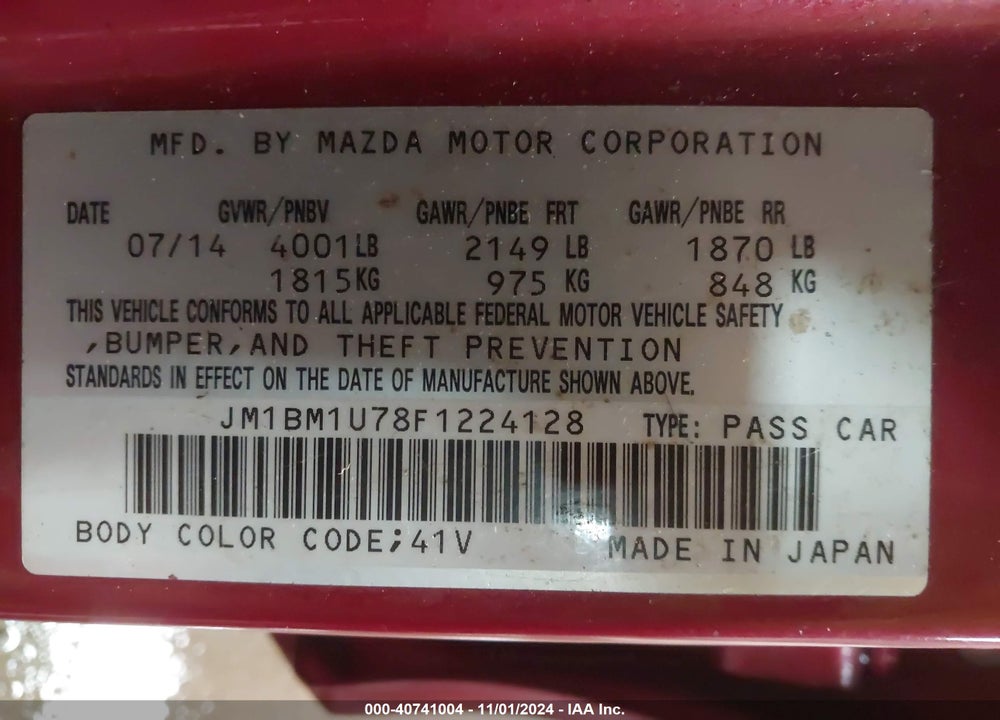 2015 MAZD 3 I SPORT AUTOMATIC VIN: JM1BM1U78F1224128