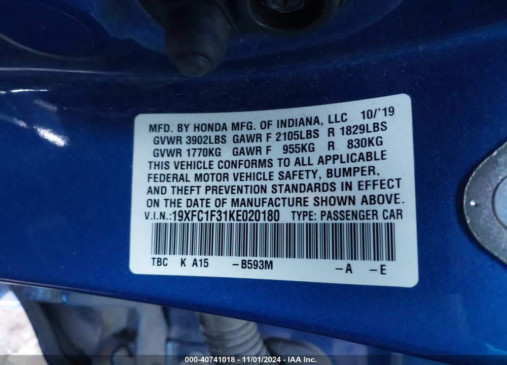 2019 HONDA CIVIC EX VIN: 19XFC1F31KE020180