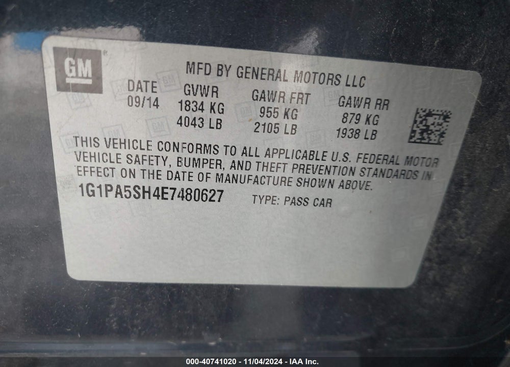 2014 CHEVROLET CRUZE LS AUTO VIN: 1G1PA5SH4E7480627