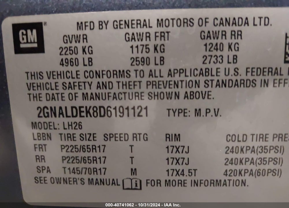 2013 CHEVROLET EQUINOX 1LT VIN: 2GNALDEK8D6191121