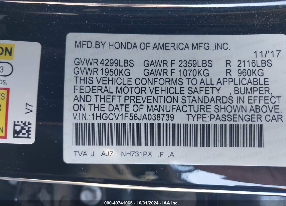 2018 HONDA ACCORD EX-L VIN: 1HGCV1F56JA038739