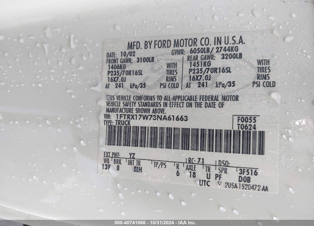 2003 FORD F-150 LARIAT/XL/XLT VIN: 1FTRX17W73NA61663