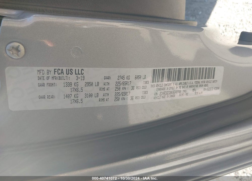 2019 DODGE GRAND CARAVAN GT VIN: 2C4RDGEG8KR640749