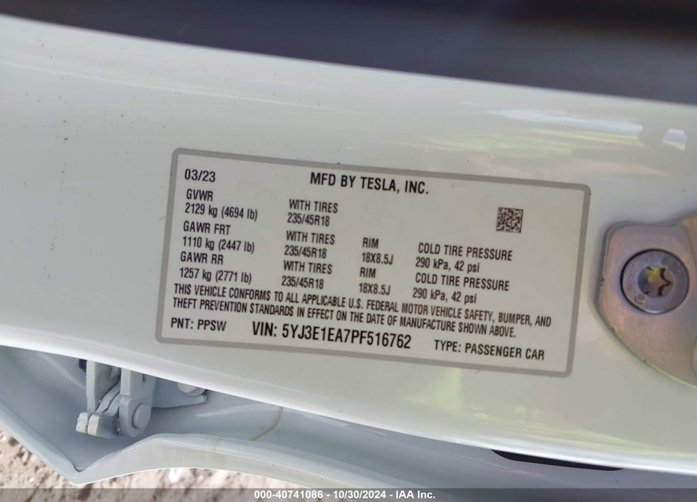2023 TESLA MODEL 3 REAR-WHEEL DRIVE VIN: 5YJ3E1EA7PF516762