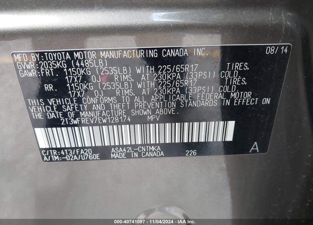 2014 TOYOTA RAV4 XLE VIN: 2T3WFREV7EW128174