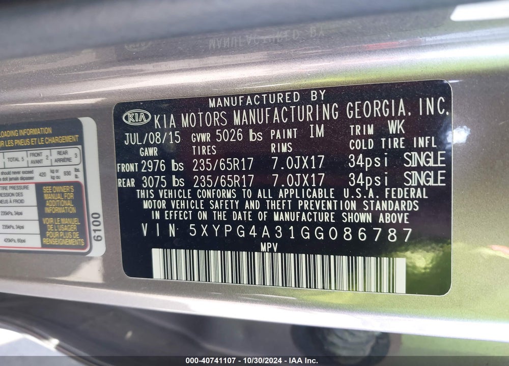2016 KIA SORENTO 2.4L L VIN: 5XYPG4A31GG086787