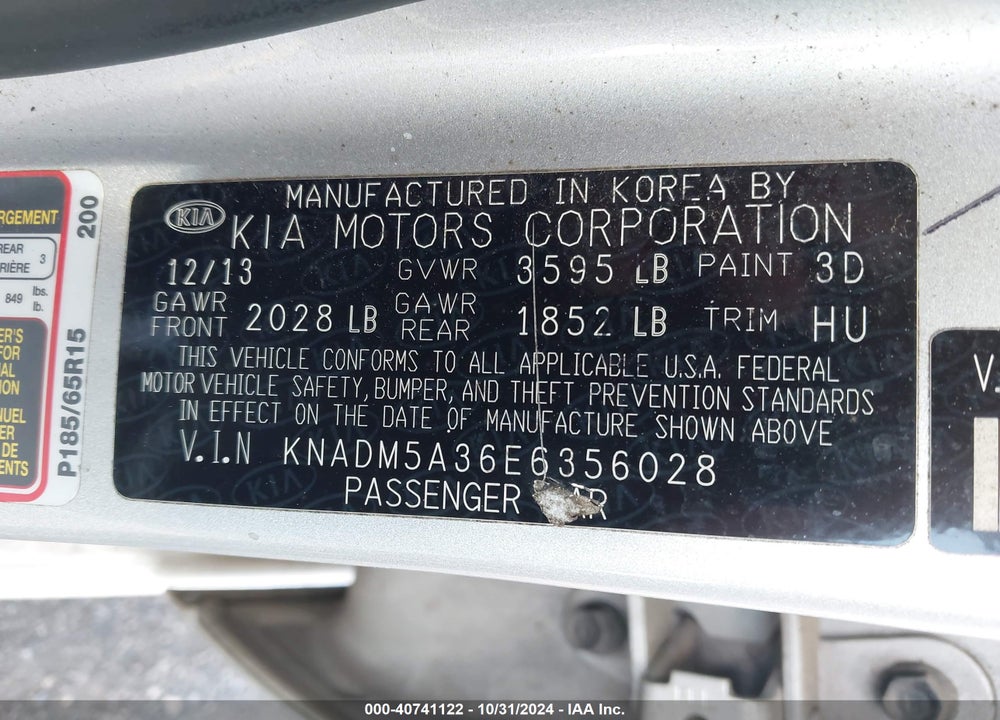 2014 KIA RIO LX VIN: KNADM5A36E6356028