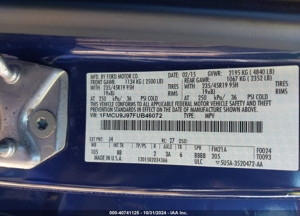 2015 FORD ESCAPE TITANIUM VIN: 1FMCU9J97FUB46072