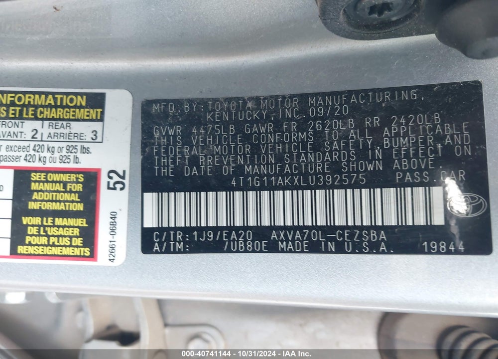 2020 TOYOTA CAMRY SE VIN: 4T1G11AKXLU392575