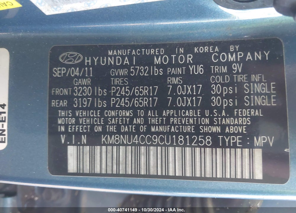 2012 HYUNDAI VERACRUZ GLS VIN: KM8NU4CC9CU181258