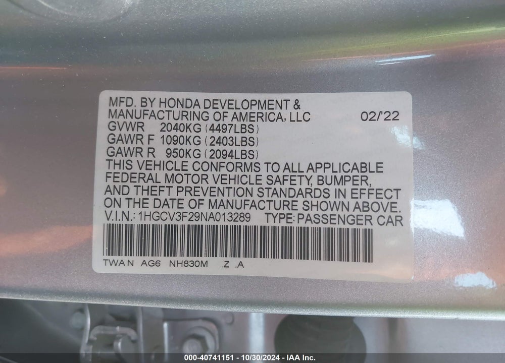 2022 HONDA ACCORD HYBRID SPORT VIN: 1HGCV3F29NA013289