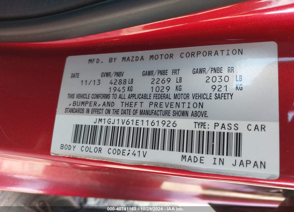 2014 MAZDA 6 I TOURING VIN: JM1GJ1V61E1161926
