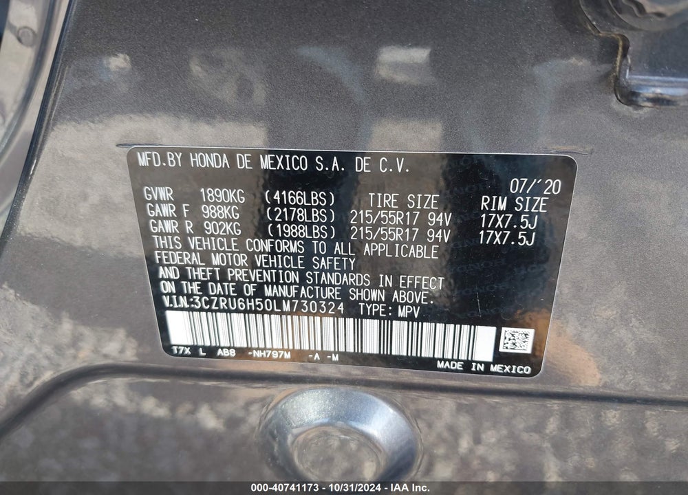 2020 HONDA HR-V AWD EX VIN: 3CZRU6H50LM730324