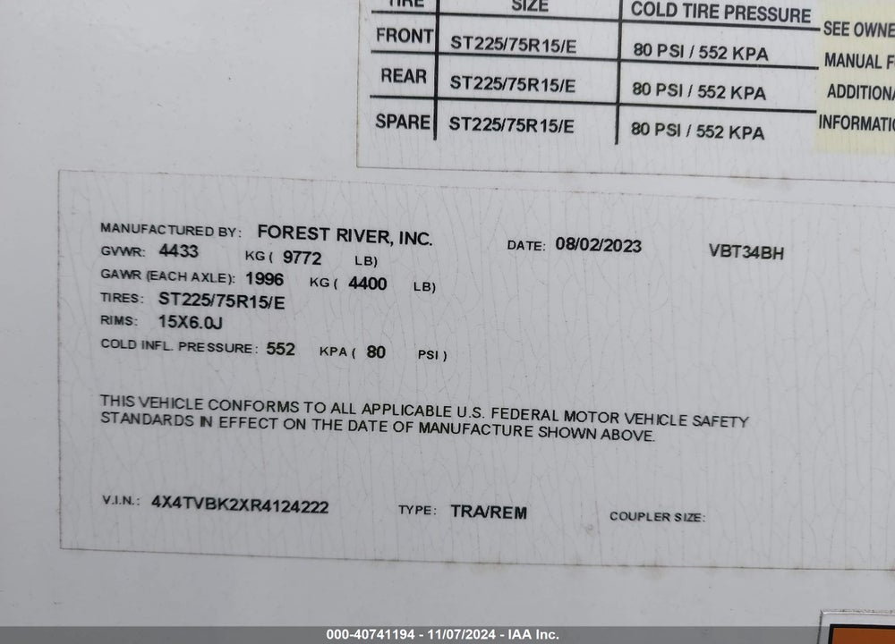 2024 FOREST RIV VIBE 34BH VIN: 4X4TVBK2XR4124222