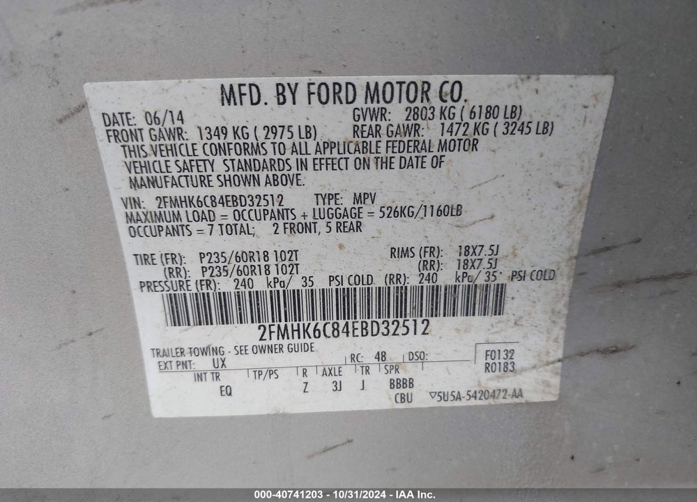 2014 FORD FLEX SEL VIN: 2FMHK6C84EBD32512