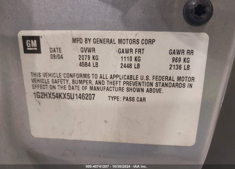 2005 PONTIAC BONNEVILLE SE VIN: 1G2HX54KX5U146207